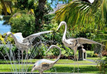 开封仙鹤雕塑-公园池塘不锈钢喷泉中的仙鹤雕塑